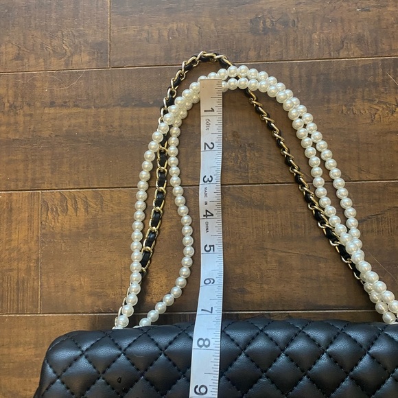 Black Quilted Shoulder Bag with Gold and Pearl Accents - Picture 6 of 12